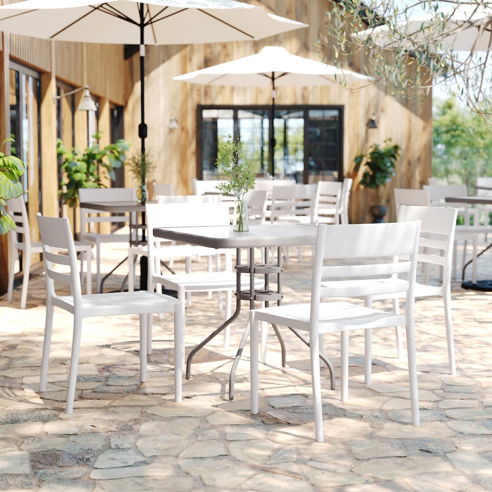 Bridgeport Stacking Patio Chair with Slatted Backrest in White. Picture 3