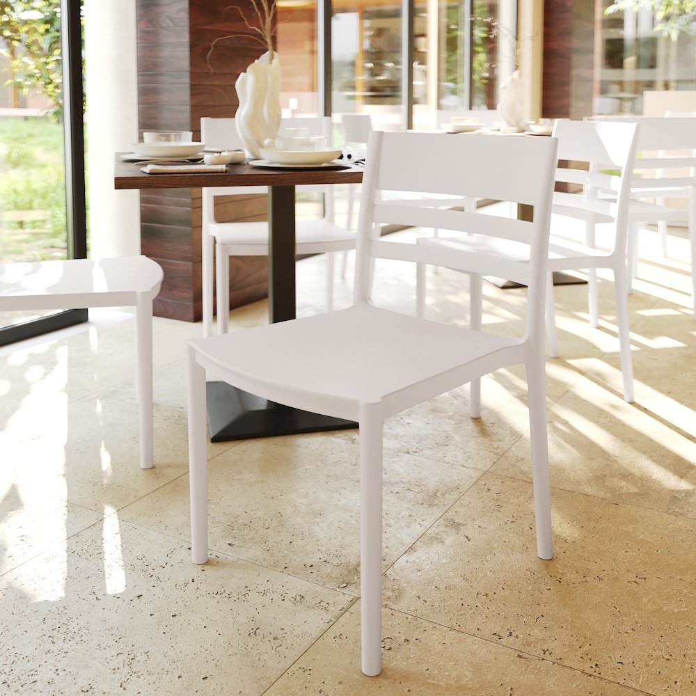 Bridgeport Stacking Patio Chair with Slatted Backrest in White. Picture 5