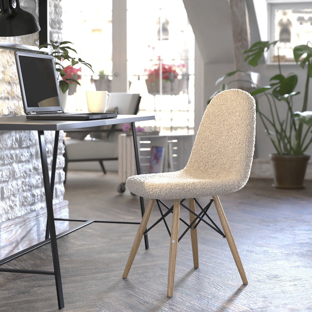 Padded Armless Faux Shearling Accent Chair with Beechwood Legs in Off-White. Picture 2