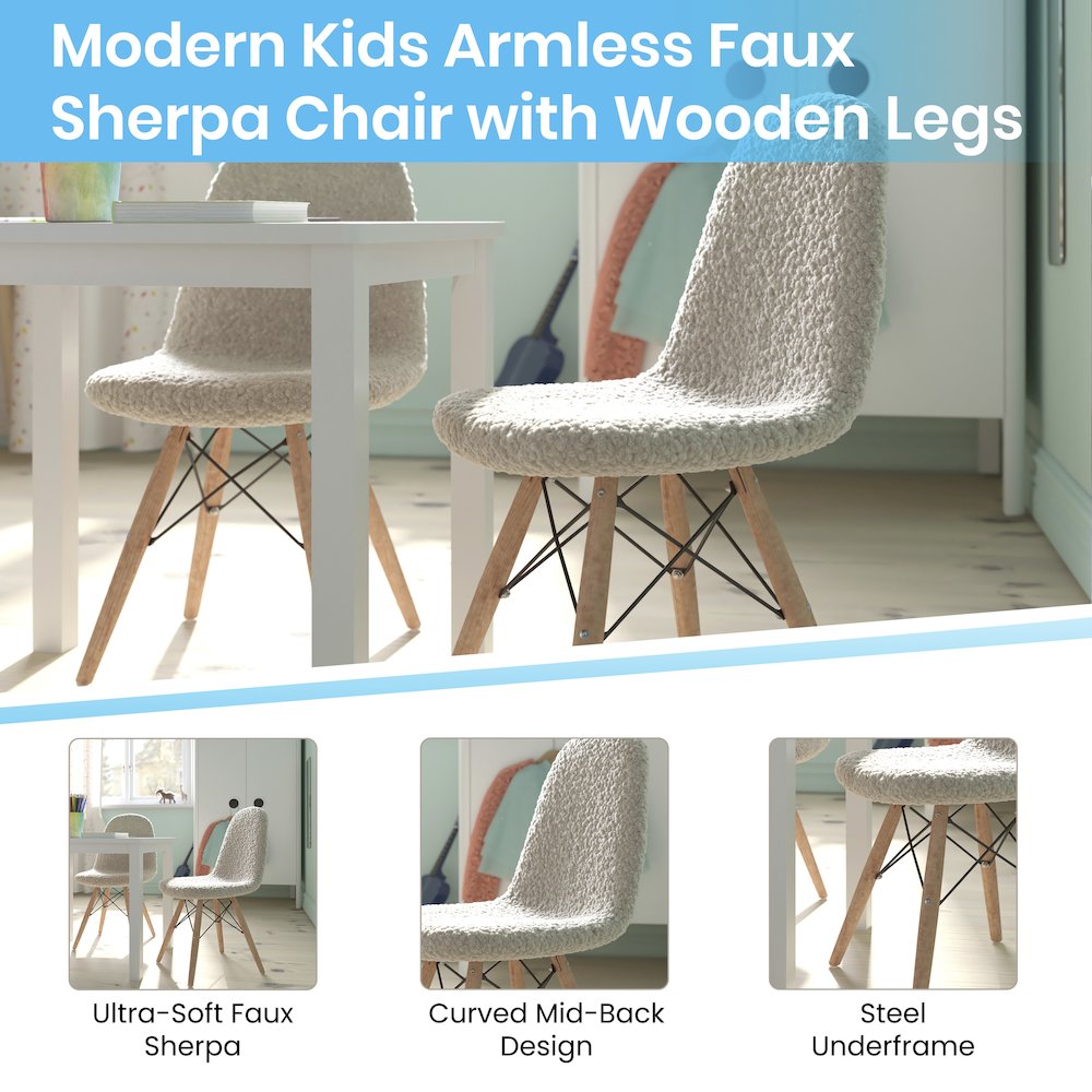 Kid's Padded Armless Faux Shearling Accent Chair in Off-White. Picture 4
