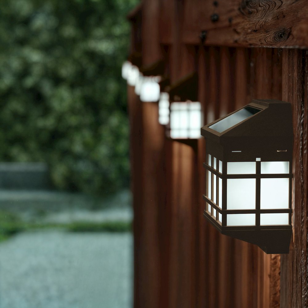 Solar Powered LED Lantern Style Deck and Fence Lights - Set of 6, Brown. Picture 3