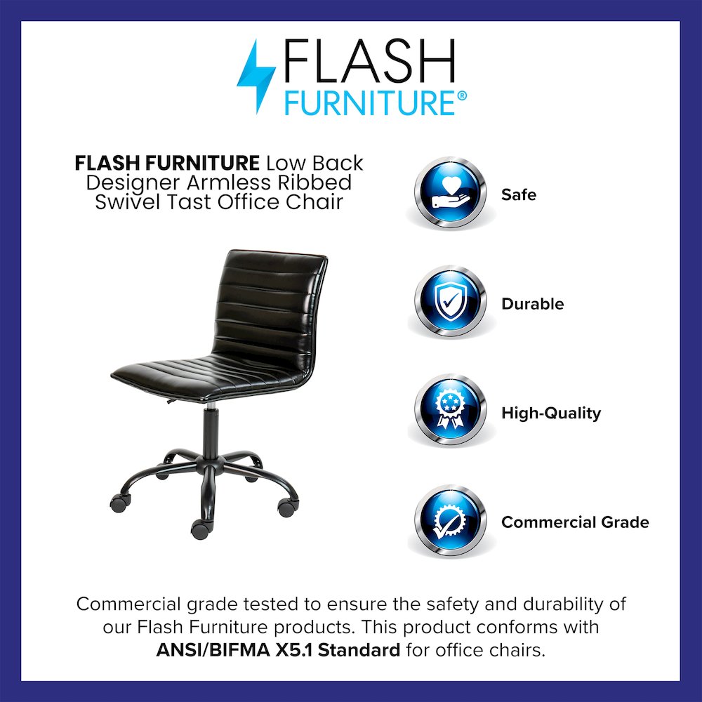 Low Back Armless Black Ribbed Swivel Task Office Chair with Black Frame and Base. Picture 4