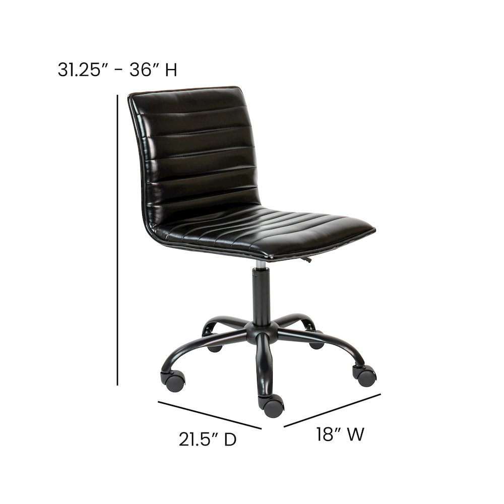 Low Back Armless Black Ribbed Swivel Task Office Chair with Black Frame and Base. Picture 7