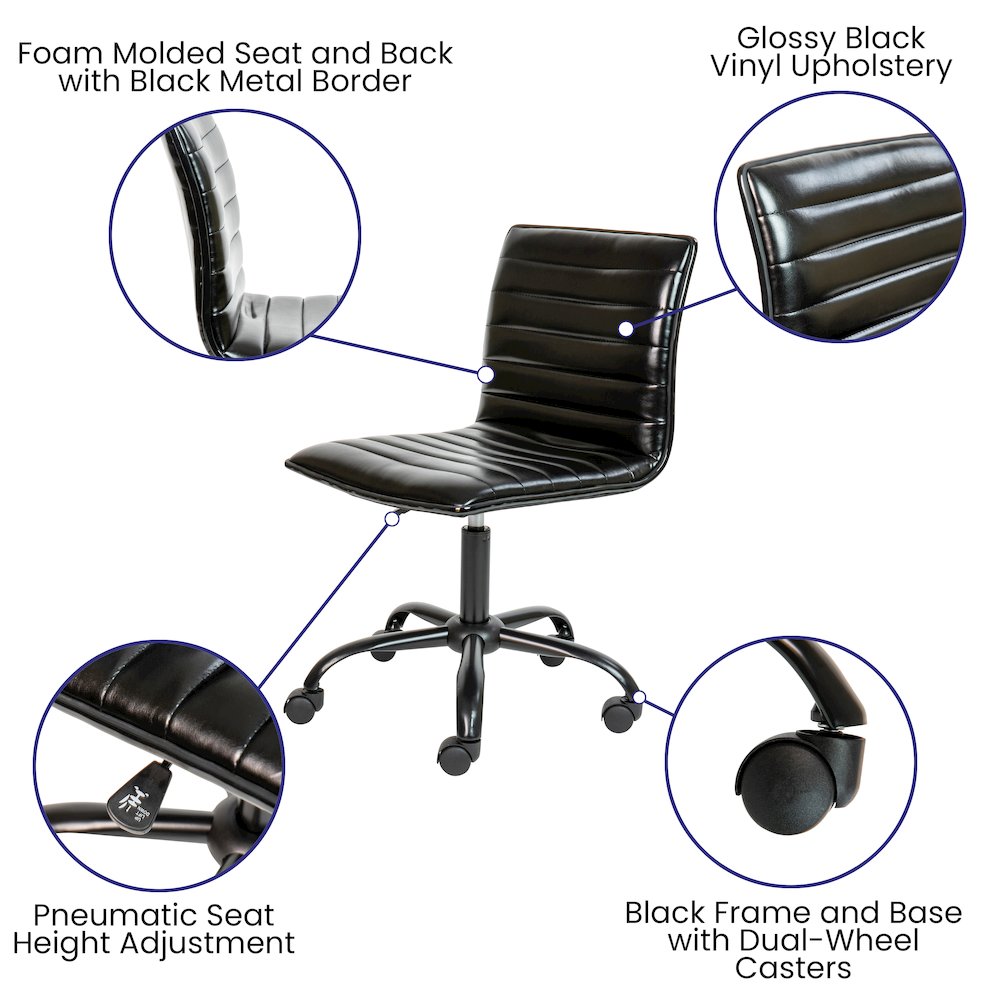 Low Back Armless Black Ribbed Swivel Task Office Chair with Black Frame and Base. Picture 6
