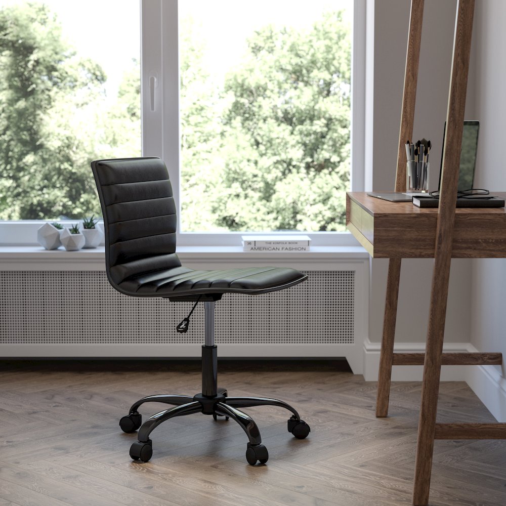 Low Back Armless Black Ribbed Swivel Task Office Chair with Black Frame and Base. Picture 2