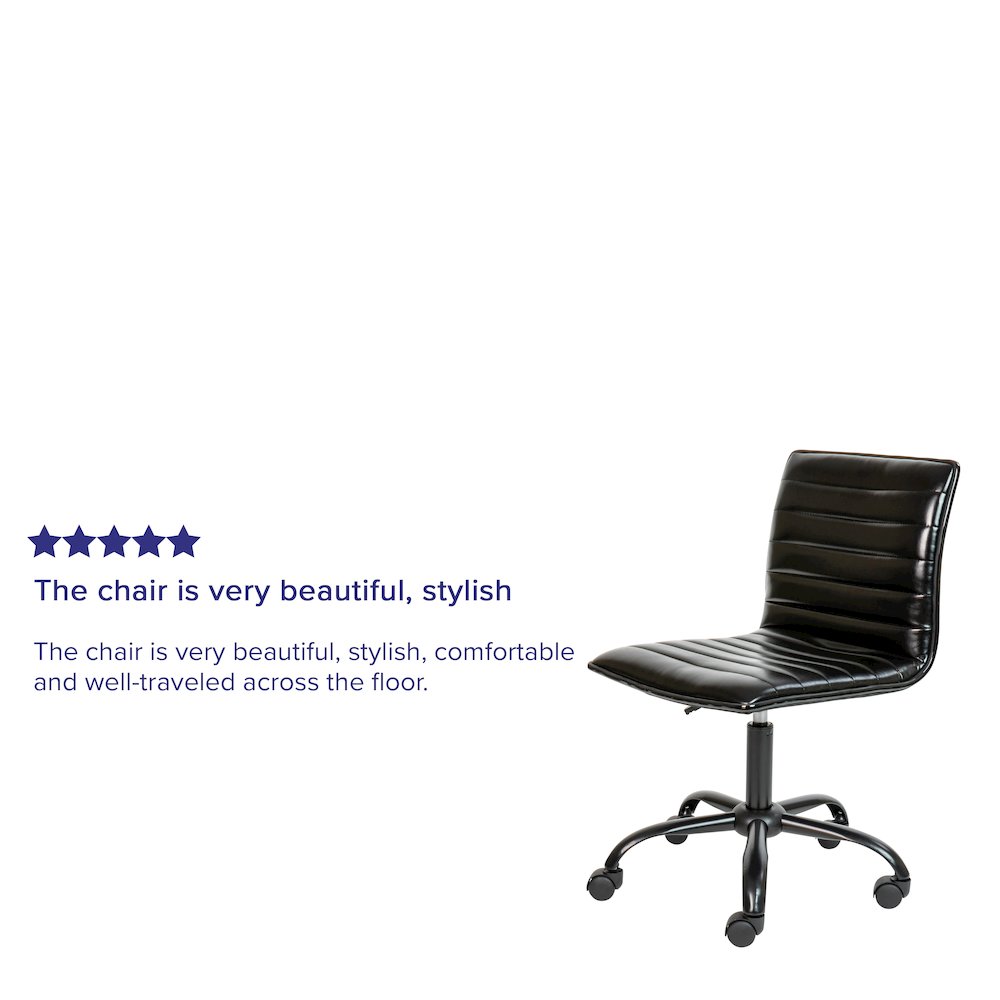 Low Back Armless Black Ribbed Swivel Task Office Chair with Black Frame and Base. Picture 5