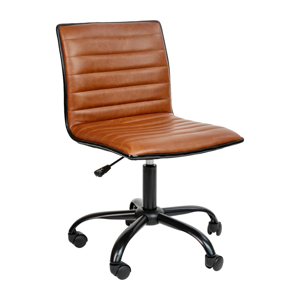Low Back Armless Brown Ribbed Swivel Task Office Chair with Black Frame and Base. Picture 1