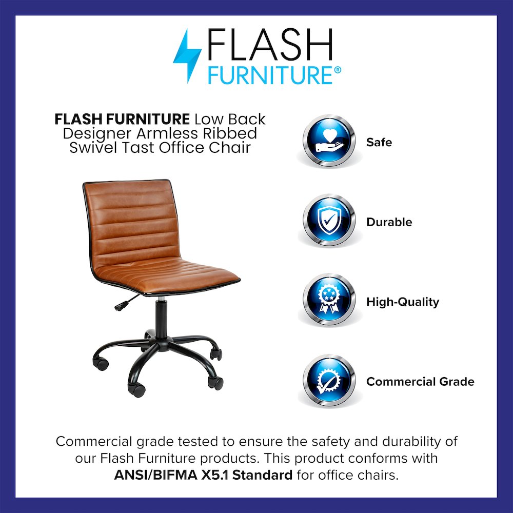 Low Back Armless Brown Ribbed Swivel Task Office Chair with Black Frame and Base. Picture 4