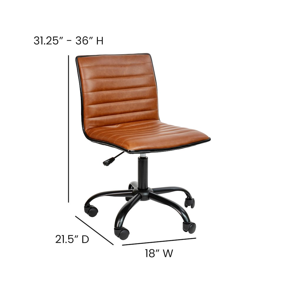 Low Back Armless Brown Ribbed Swivel Task Office Chair with Black Frame and Base. Picture 7