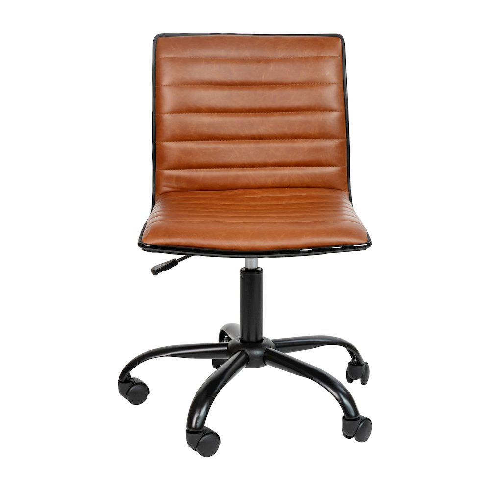 Low Back Armless Brown Ribbed Swivel Task Office Chair with Black Frame and Base. Picture 11