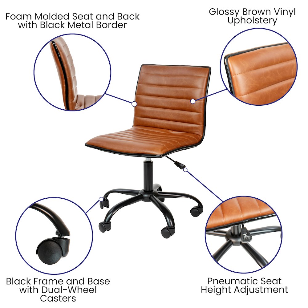 Low Back Armless Brown Ribbed Swivel Task Office Chair with Black Frame and Base. Picture 6