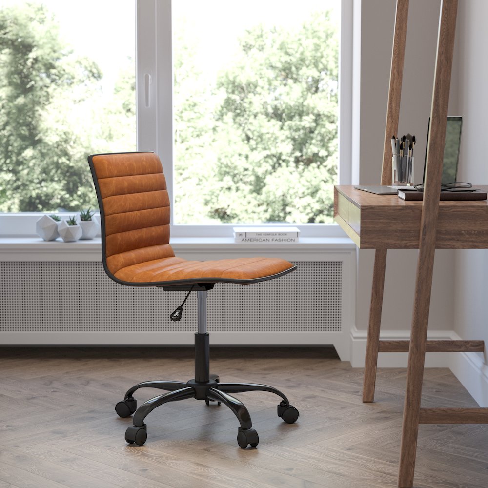 Low Back Armless Brown Ribbed Swivel Task Office Chair with Black Frame and Base. Picture 2