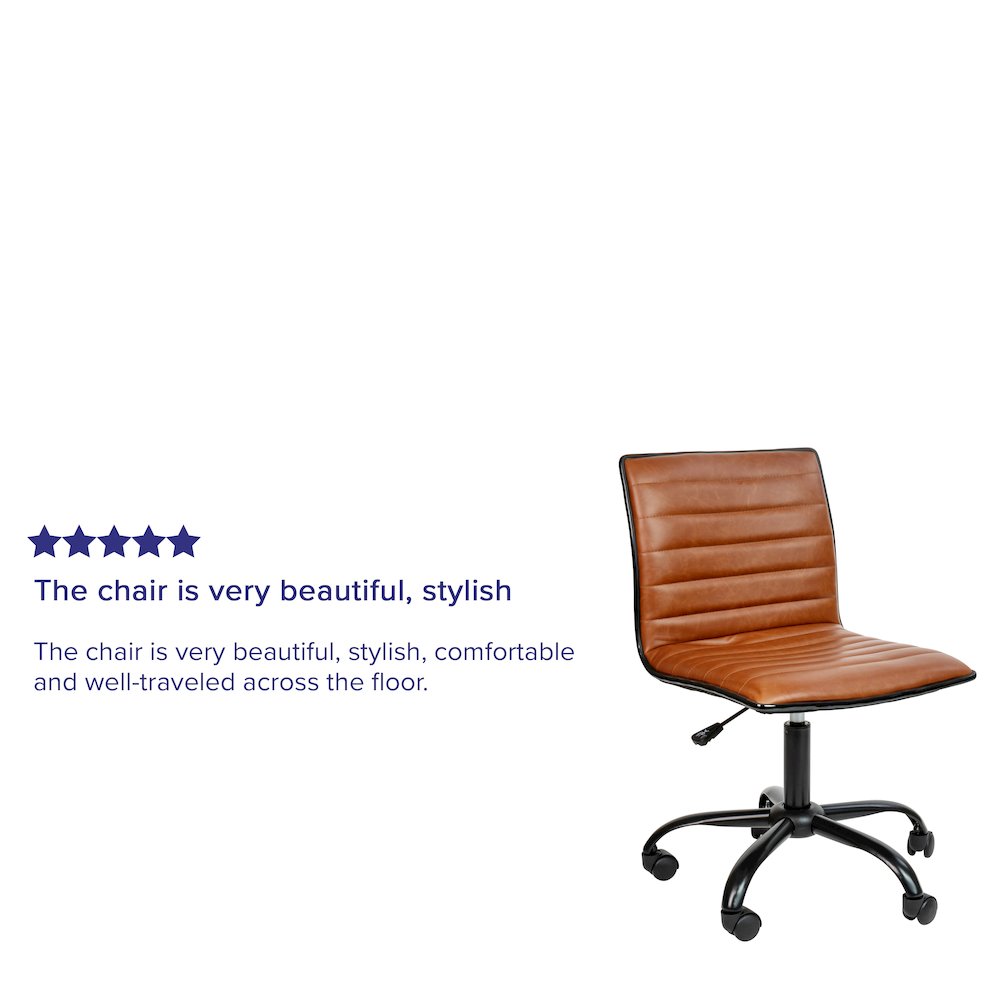 Low Back Armless Brown Ribbed Swivel Task Office Chair with Black Frame and Base. Picture 5