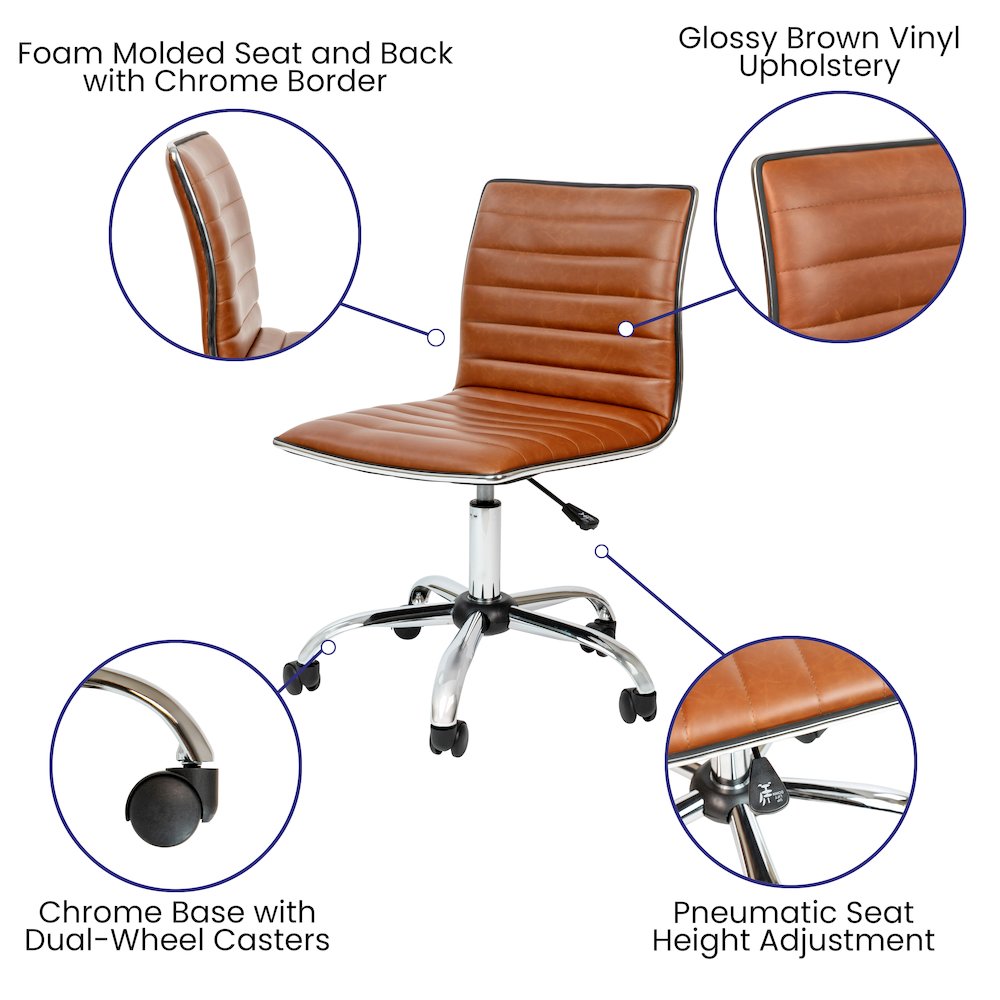 Low Back Designer Armless Brown Ribbed Swivel Task Office Chair. Picture 6