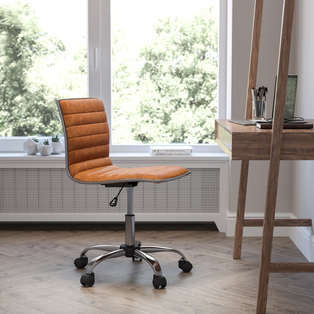 Low Back Designer Armless Brown Ribbed Swivel Task Office Chair. Picture 2