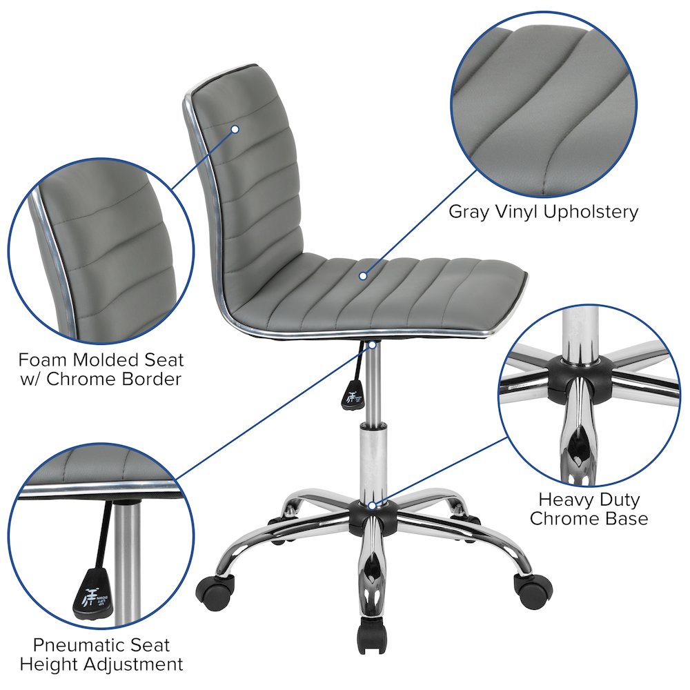 Low Back Designer Armless Light Gray Ribbed Swivel Task Office Chair. Picture 6