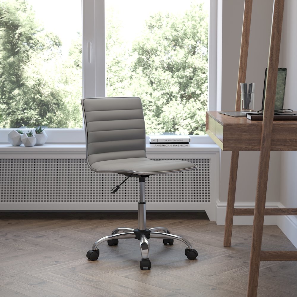 Low Back Designer Armless Light Gray Ribbed Swivel Task Office Chair. Picture 2