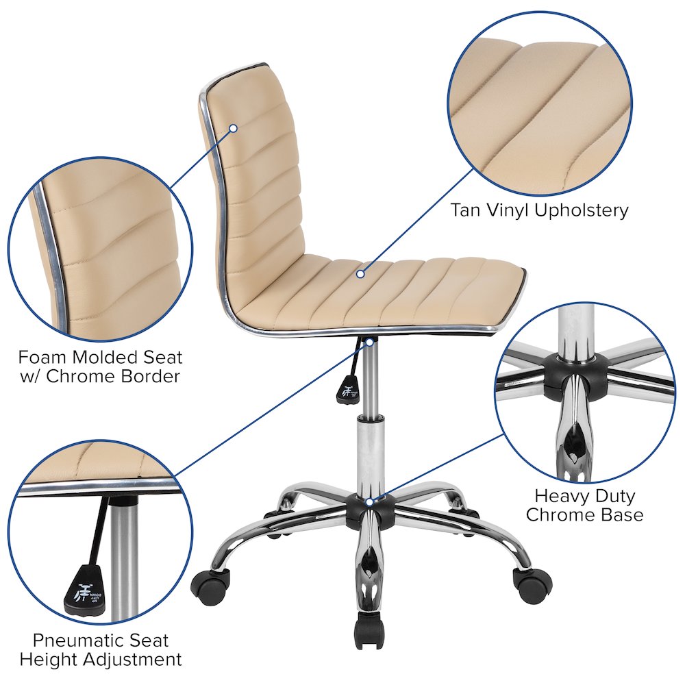 Low Back Designer Armless Tan Ribbed Swivel Task Office Chair. Picture 6