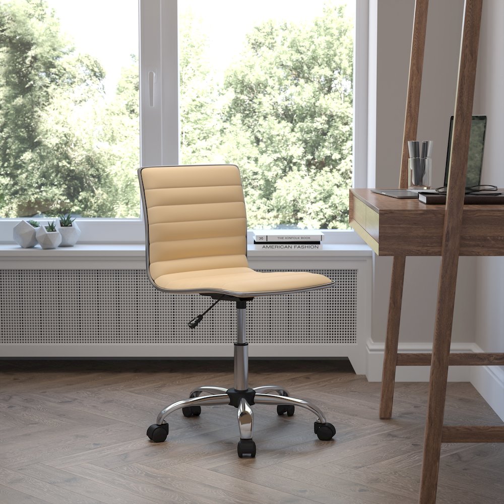 Low Back Designer Armless Tan Ribbed Swivel Task Office Chair. Picture 2