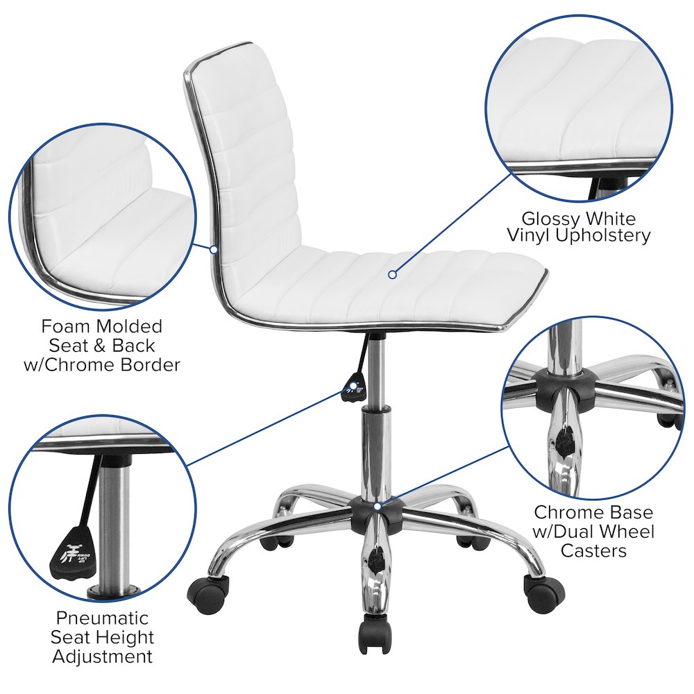 Low Back Designer Armless White Ribbed Swivel Task Office Chair. Picture 6
