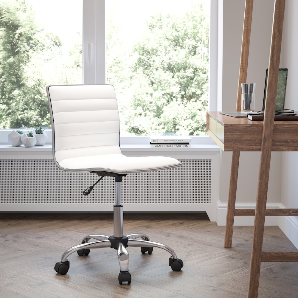 Low Back Designer Armless White Ribbed Swivel Task Office Chair. Picture 9