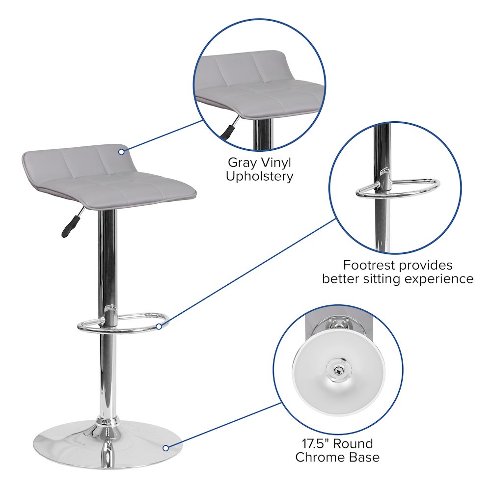 Gray Vinyl Adjustable Height Barstool with Quilted Wave Seat and Chrome Base. Picture 4