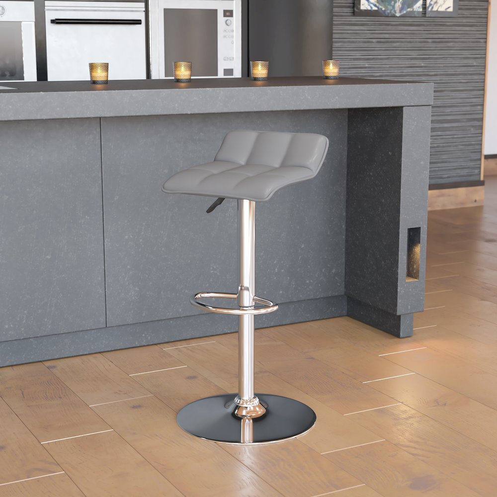 Gray Vinyl Adjustable Height Barstool with Quilted Wave Seat and Chrome Base. Picture 2