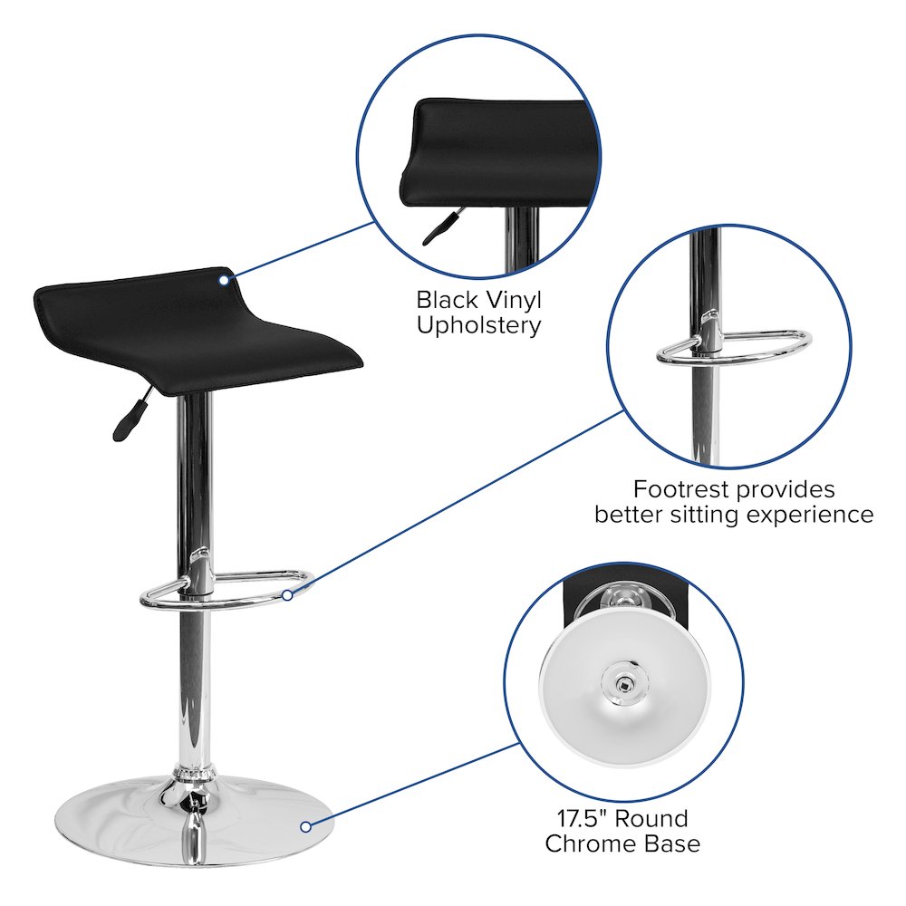 Black Vinyl Adjustable Height Barstool with Solid Wave Seat and Chrome Base. Picture 5