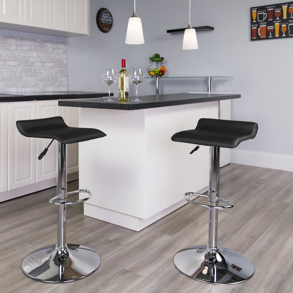 Contemporary Black Vinyl Adjustable Height Barstool with Solid Wave Seat and Chrome Base. Picture 6