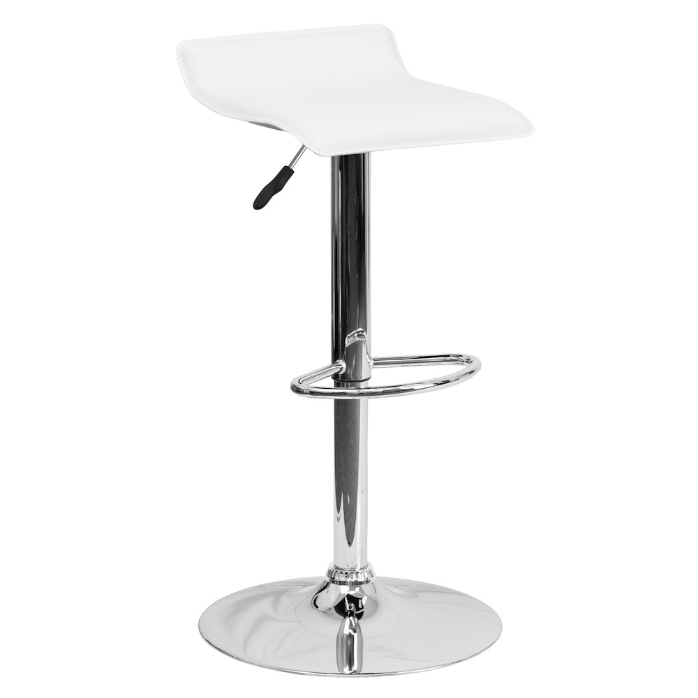 White Vinyl Adjustable Height Barstool with Solid Wave Seat and Chrome Base. Picture 1