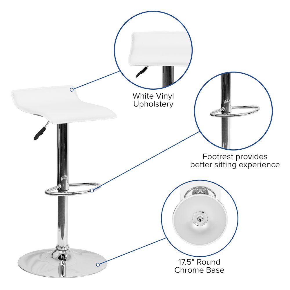 White Vinyl Adjustable Height Barstool with Solid Wave Seat and Chrome Base. Picture 5