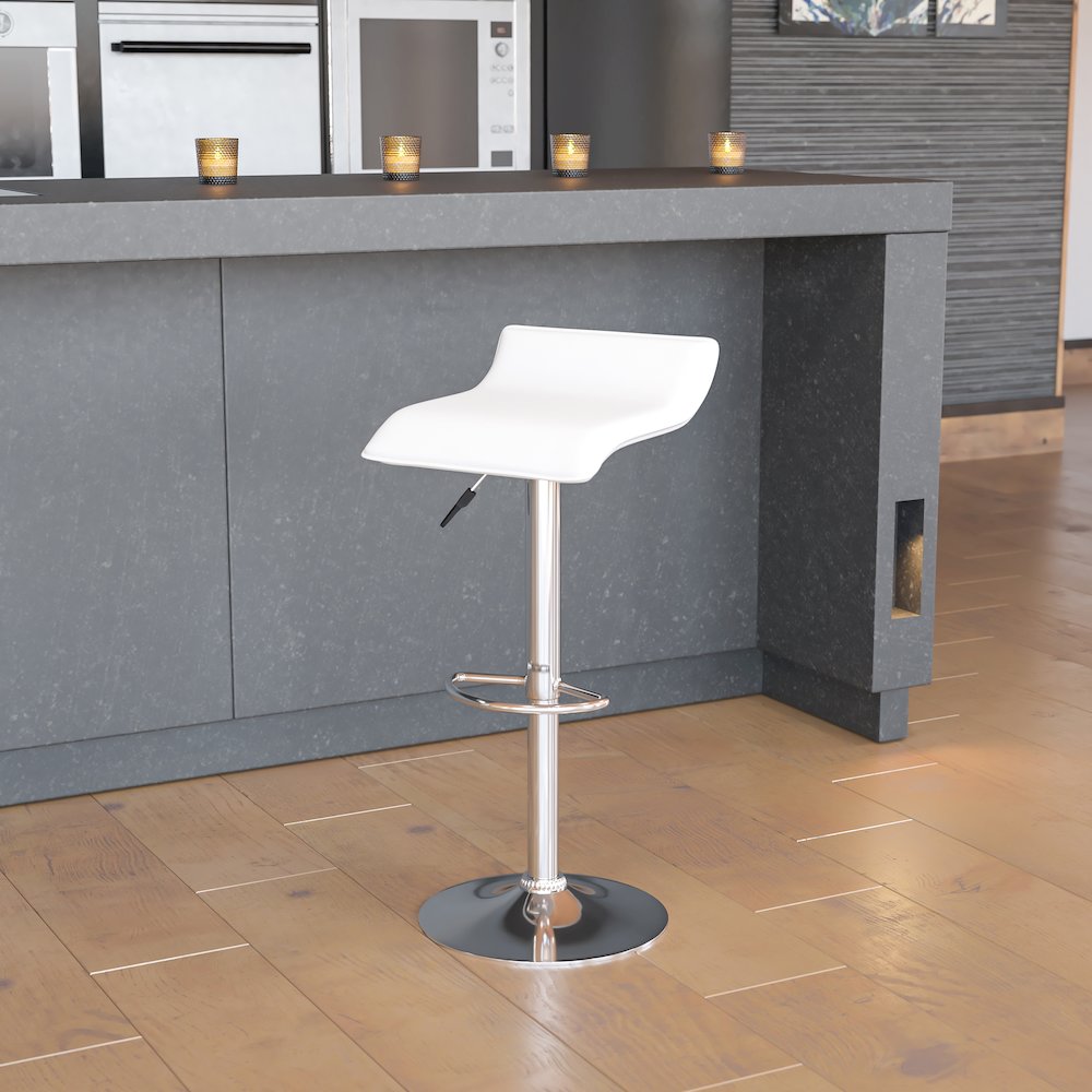 White Vinyl Adjustable Height Barstool with Solid Wave Seat and Chrome Base. Picture 2
