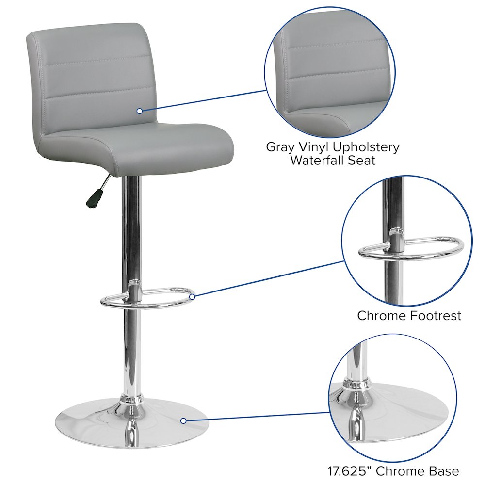 Gray Vinyl Adjustable Height Barstool with Rolled Seat and Chrome Base. Picture 5