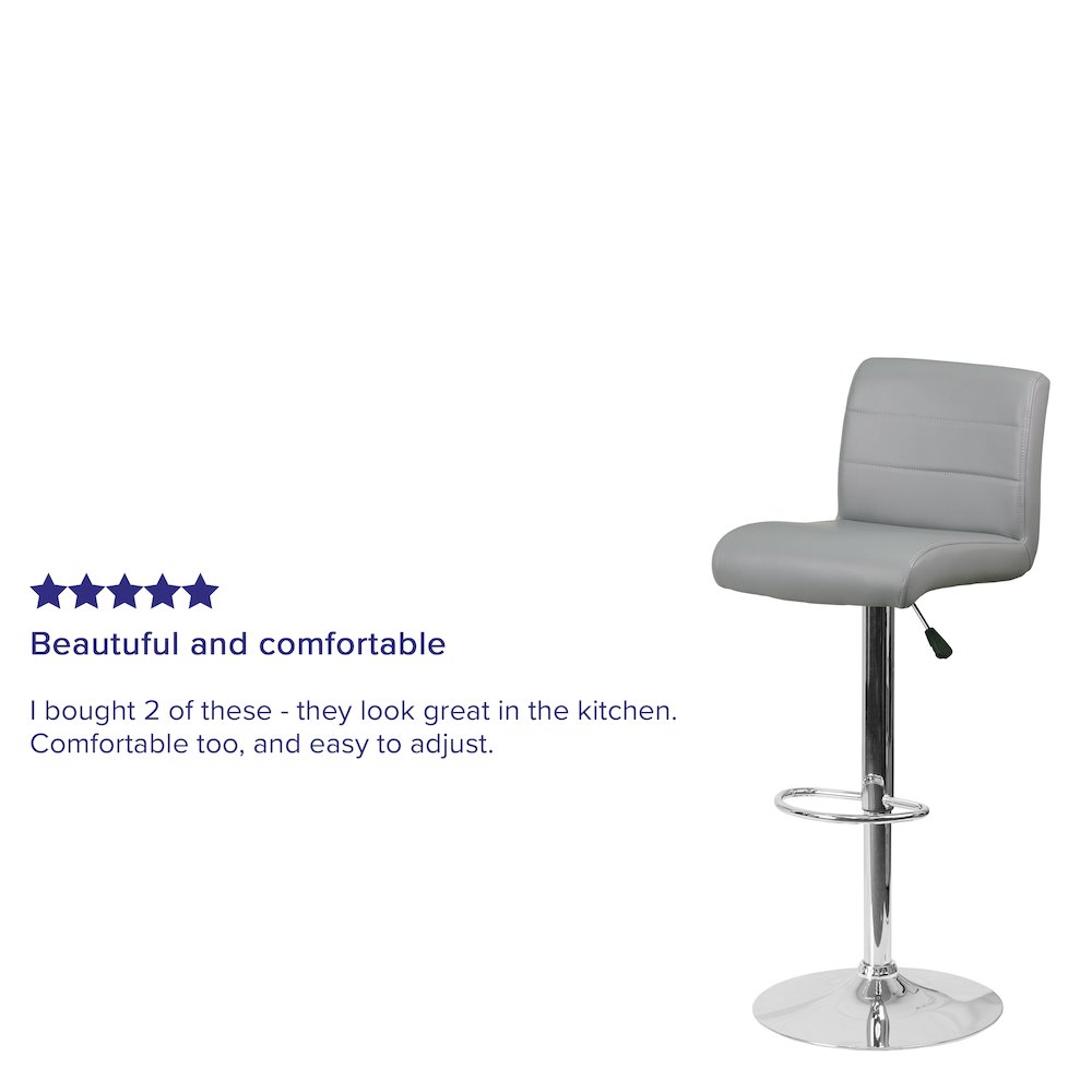 Gray Vinyl Adjustable Height Barstool with Rolled Seat and Chrome Base. Picture 4