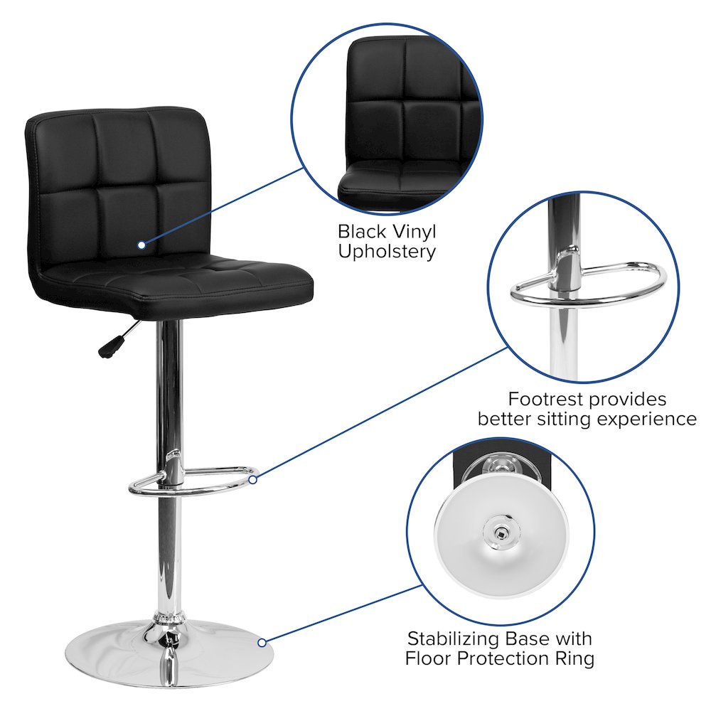 Contemporary Black Quilted Vinyl Adjustable Height Barstool with Chrome Base. Picture 5