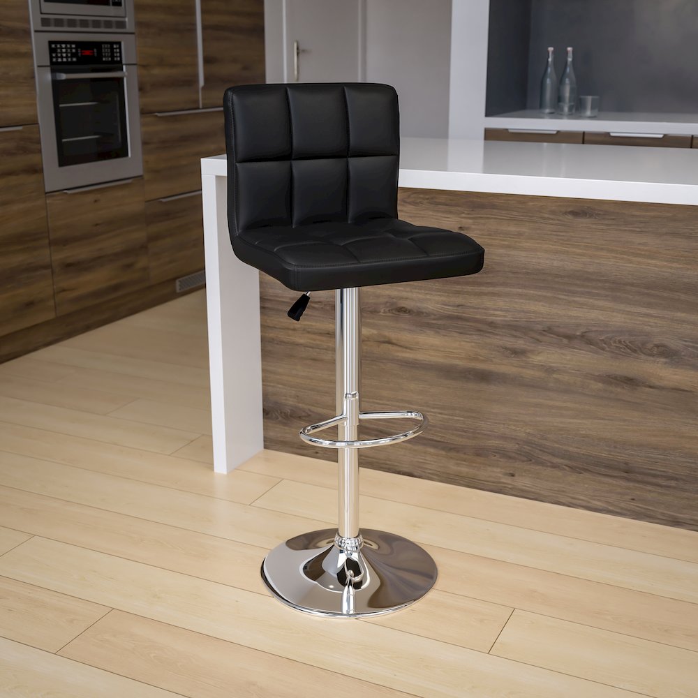 Contemporary Black Quilted Vinyl Adjustable Height Barstool with Chrome Base. Picture 2