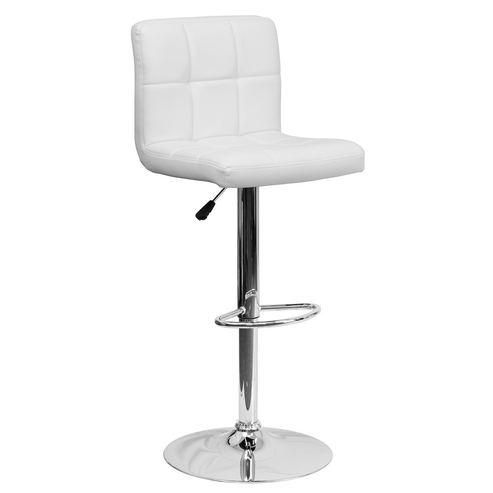 Contemporary White Quilted Vinyl Adjustable Height Barstool with Chrome Base. Picture 1