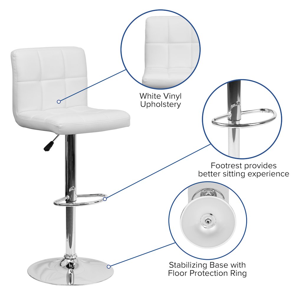 Contemporary White Quilted Vinyl Adjustable Height Barstool with Chrome Base. Picture 5