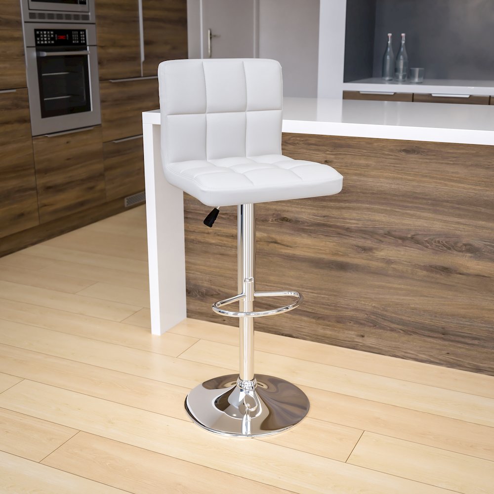 Contemporary White Quilted Vinyl Adjustable Height Barstool with Chrome Base. Picture 8