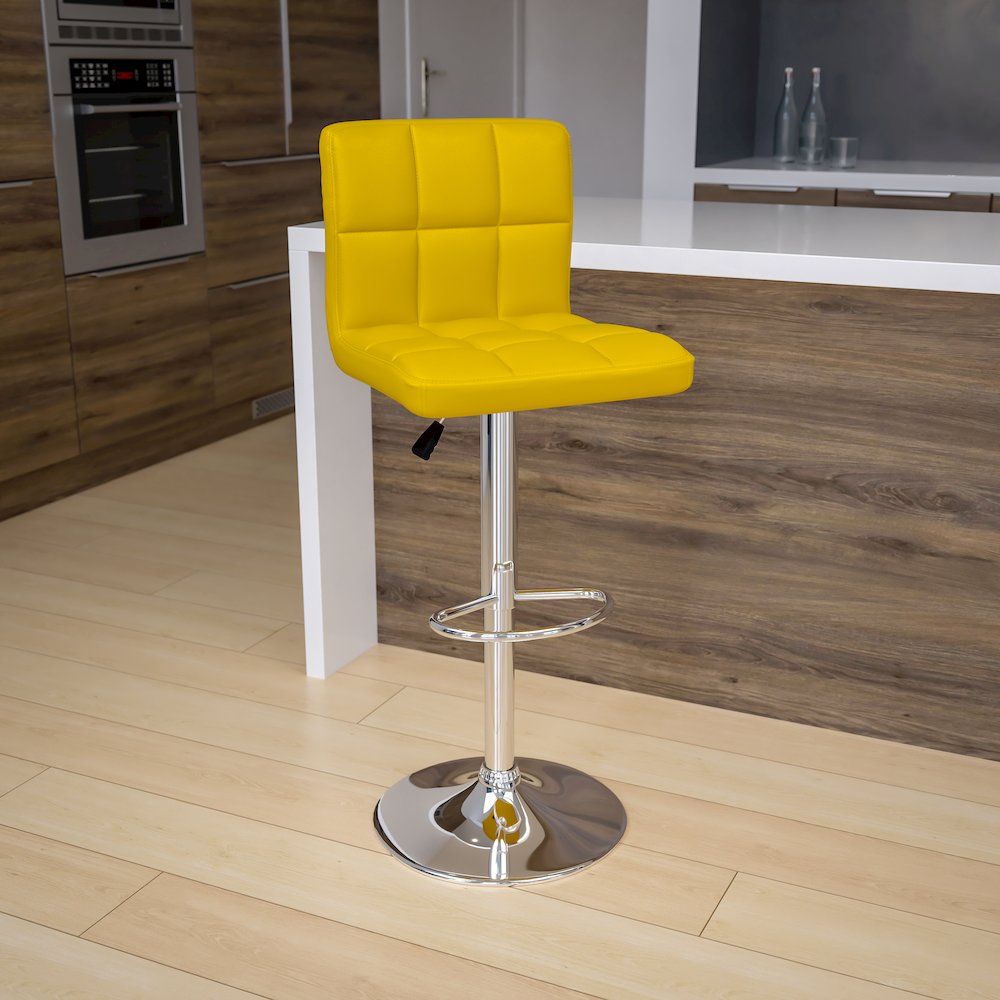 Contemporary Yellow Quilted Vinyl Adjustable Height Barstool with Chrome Base. Picture 6