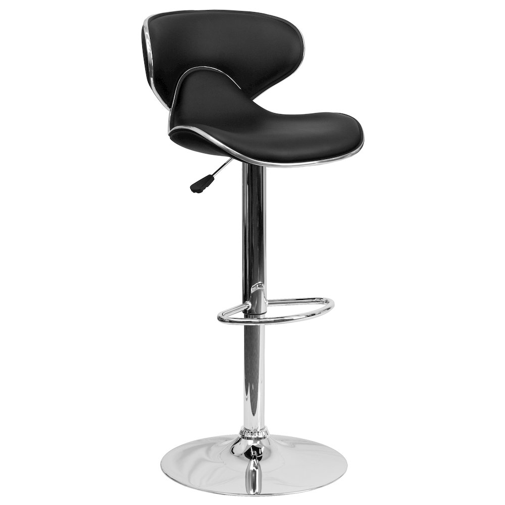 Cozy Mid-Back Black Vinyl Adjustable Height Barstool with Chrome Base. Picture 1