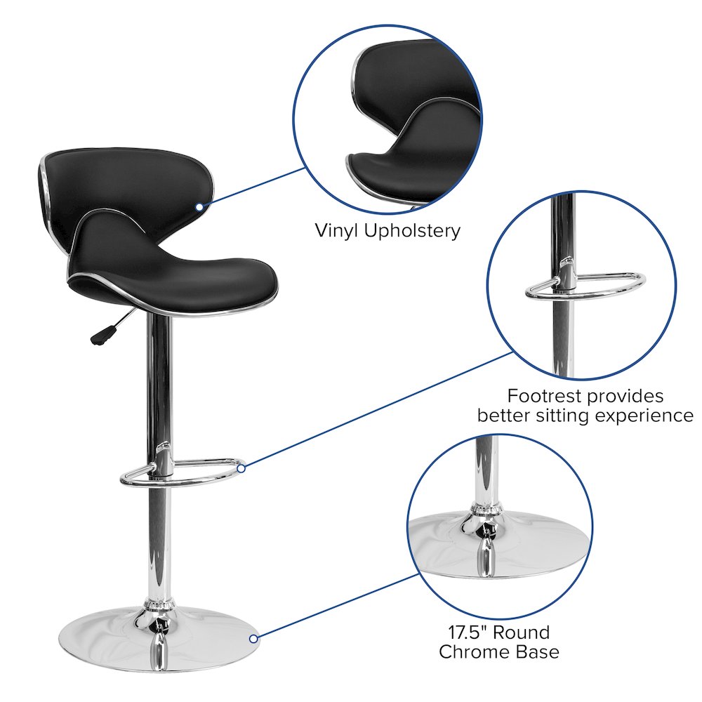 Cozy Mid-Back Black Vinyl Adjustable Height Barstool with Chrome Base. Picture 5