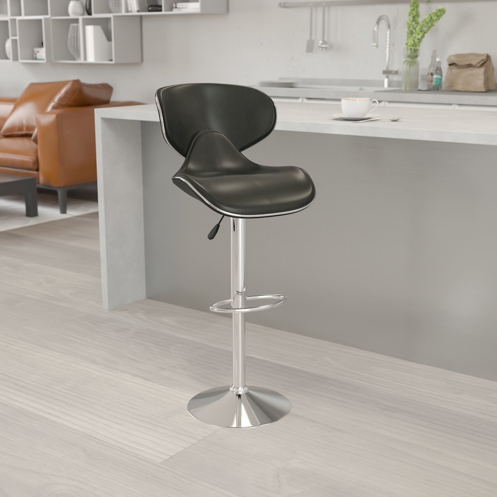 Cozy Mid-Back Black Vinyl Adjustable Height Barstool with Chrome Base. Picture 2
