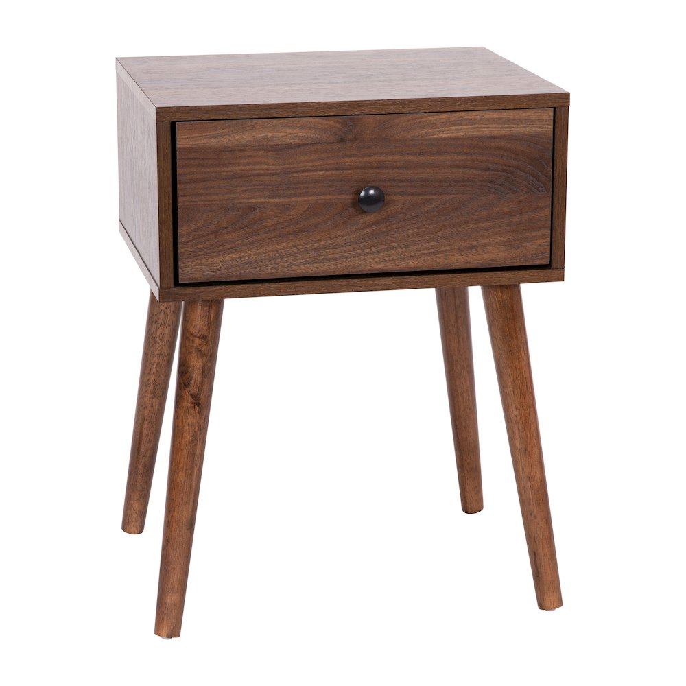 Mid-Century One Drawer Wood Nightstand, Dark Walnut. Picture 1