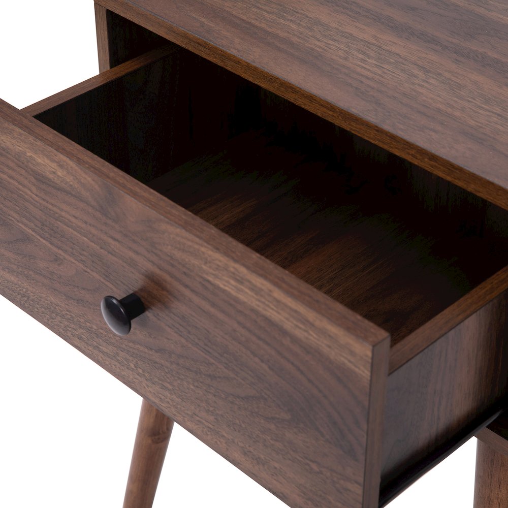Mid-Century One Drawer Wood Nightstand, Dark Walnut. Picture 9
