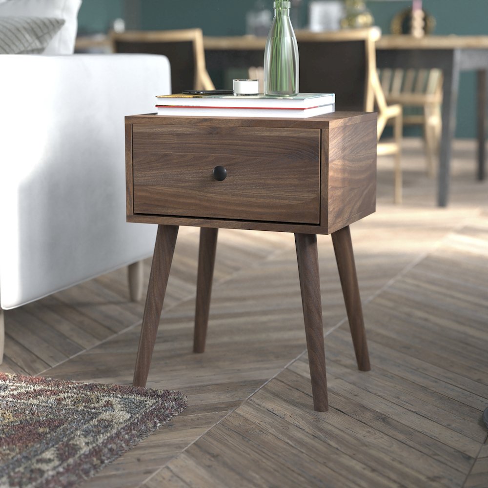 Mid-Century One Drawer Wood Nightstand, Dark Walnut. Picture 6