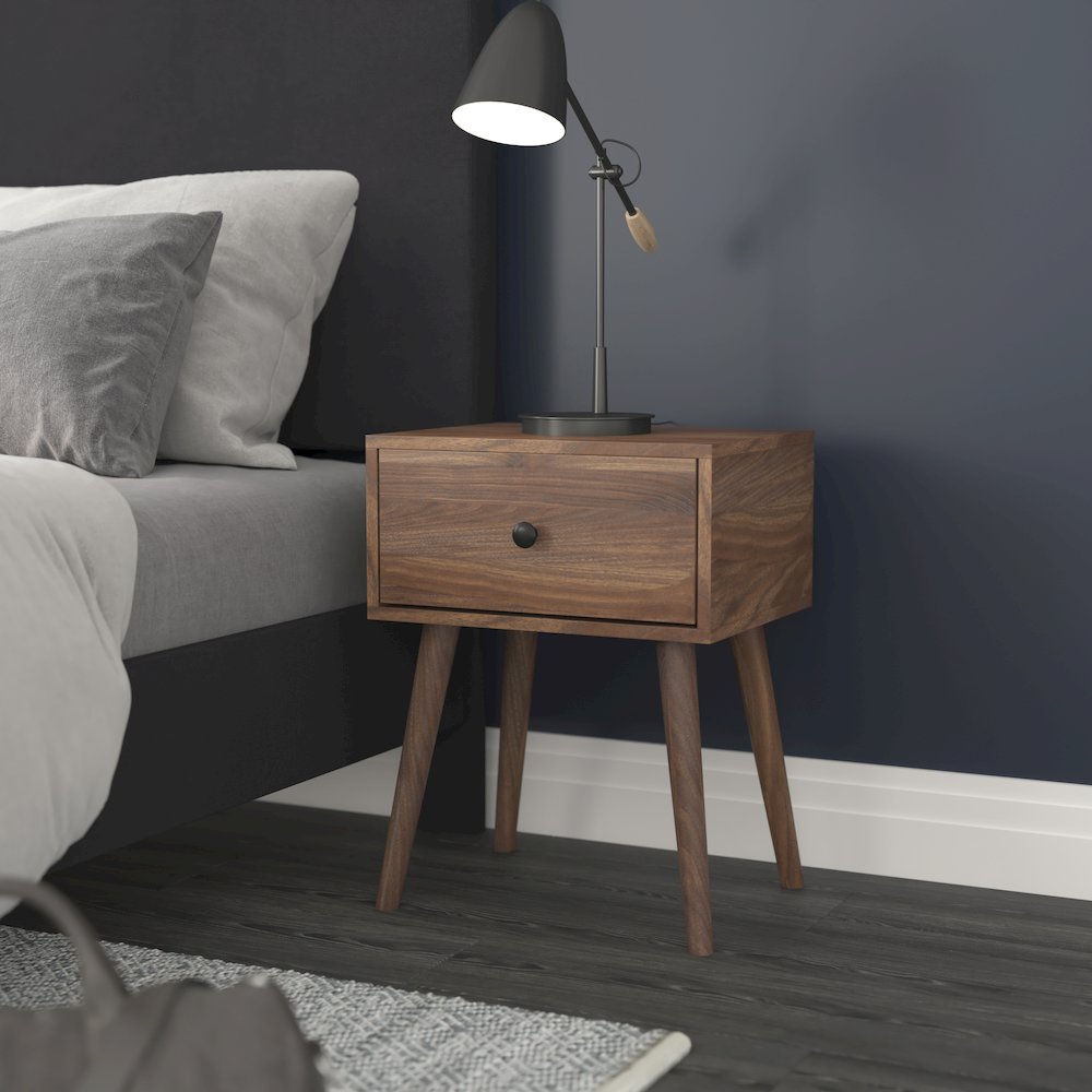 Mid-Century One Drawer Wood Nightstand, Dark Walnut. Picture 7