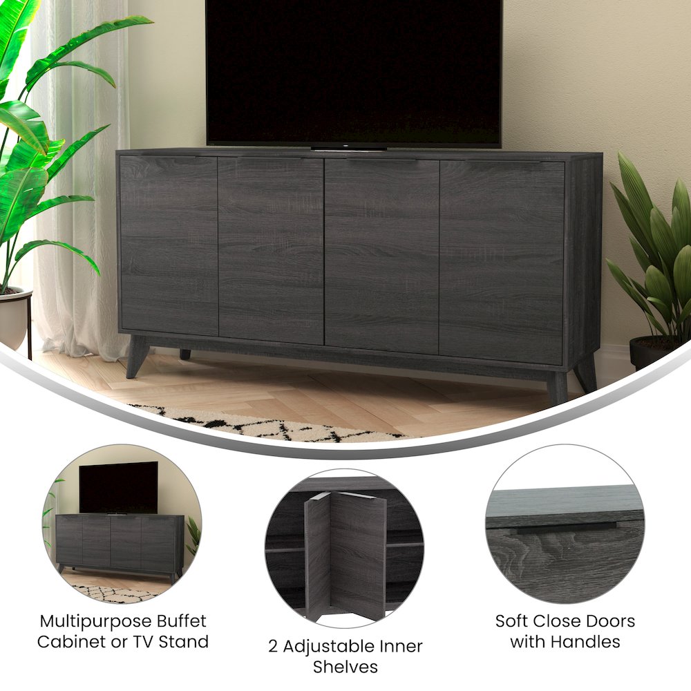 Mid-Century Modern Buffet Sideboard/TV Stand with 4 Soft Close Doors, Black Wash. Picture 4