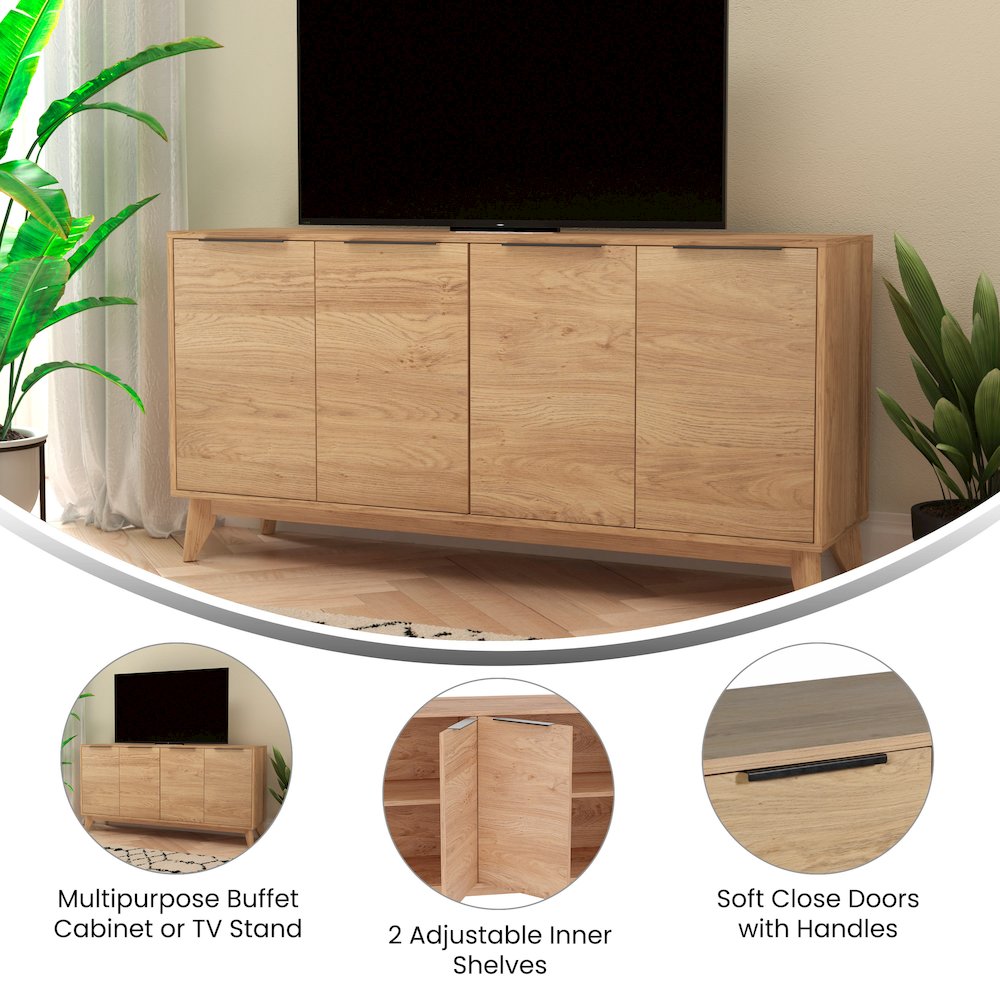 Modern Buffet Sideboard/TV Stand with 4 Soft Close Doors, Light Natural. Picture 4