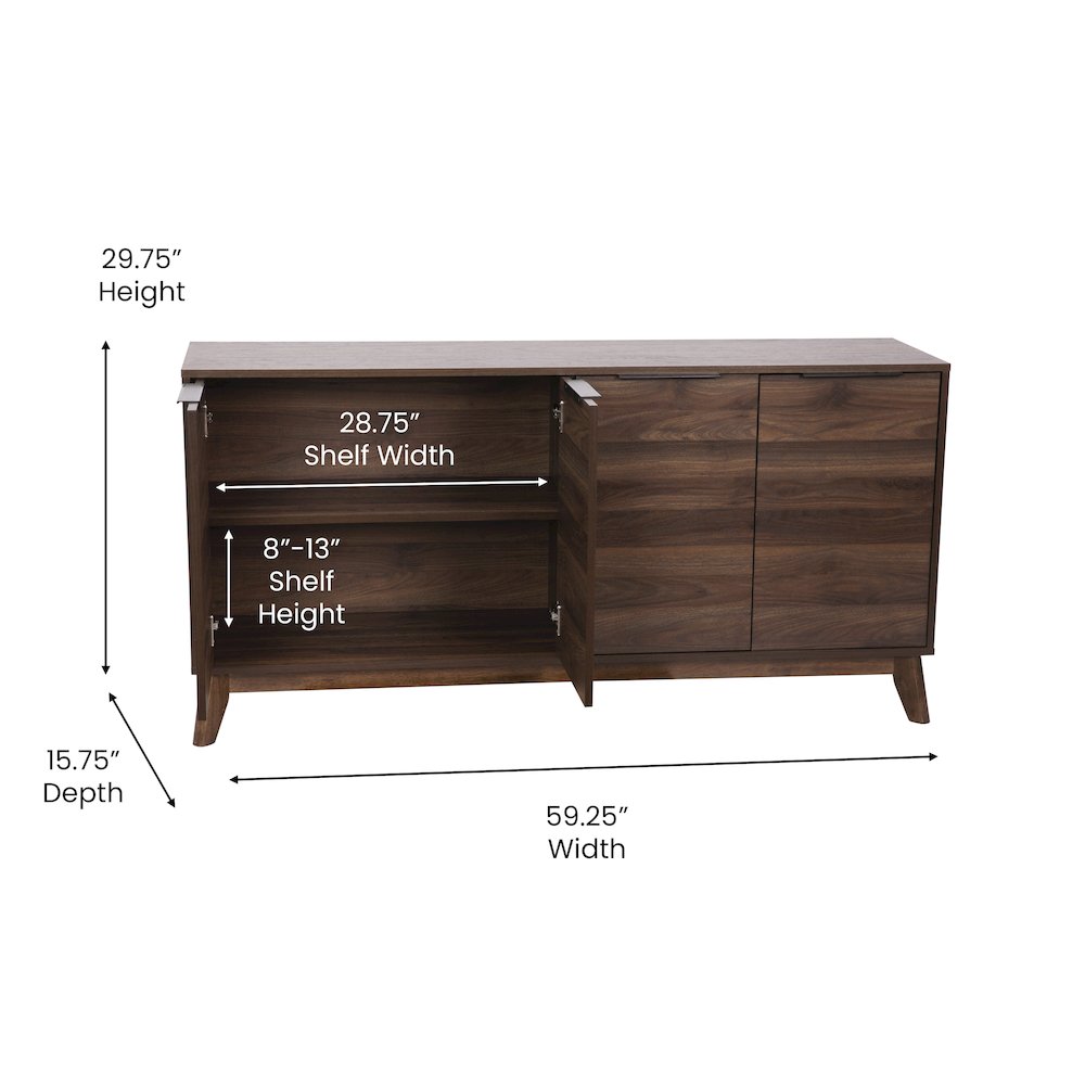 60 in 4 Door Storage Buffet Sideboard, TV Stand for up to 64" TV's, Dark Walnut. Picture 5